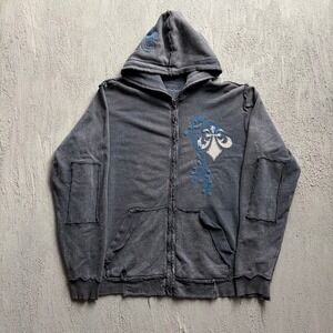 Affliction Zip Up Hoodie XL Gray 2000s Y2K Skull Fleur De Lis Distressed